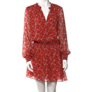 INTERMIX Red Floral Silk Mini Dress Size S Long Sheer Sleeves Tassels